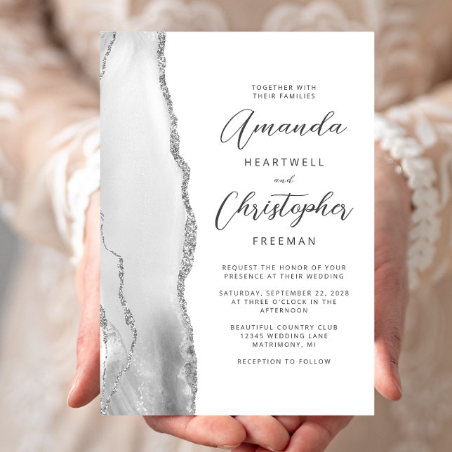 Convites Casamento em Cinza Prata Agate Script (Criador carregado)