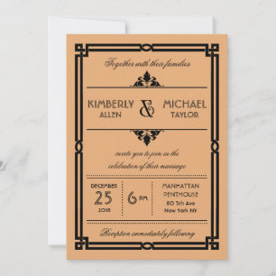 Convites Casamento em Deco da Arte Moderna Dourada Vintage 