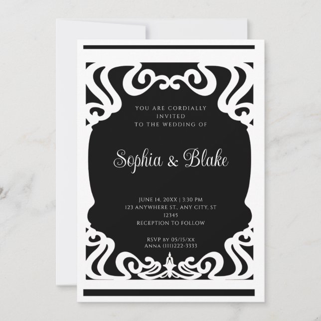 Convites Casamento em Deco de Arte Elaborado Branco e Preto (Frente)