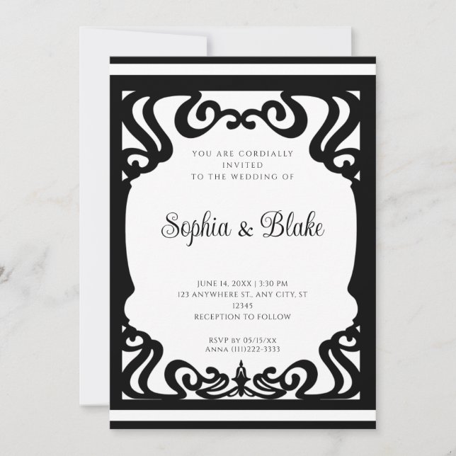 Convites Casamento em Deco de Arte Elaborado Branco e Preto (Frente)
