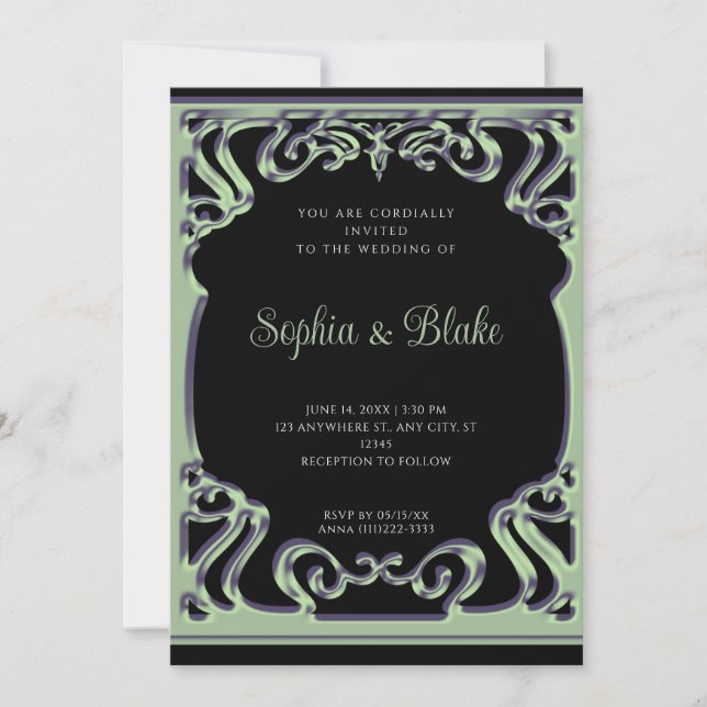 Convites Casamento em Deco de Arte Preto e Verde Elaborado (Frente)