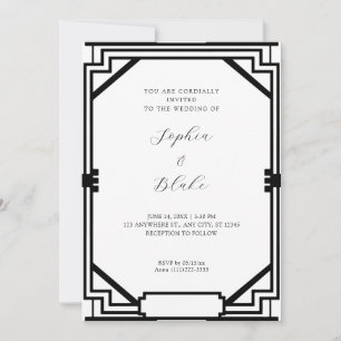 Convites Casamento em Deco de Arte Simples Preta e Branca