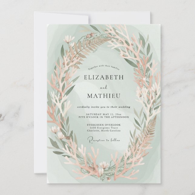 Convites Casamento em Espuma do Mar Dourado Galho Eucalipto (Frente)
