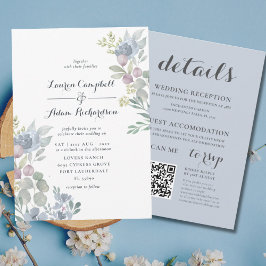 Convites Casamento em Eucalipto Floral Azul Poeirento Tudo-