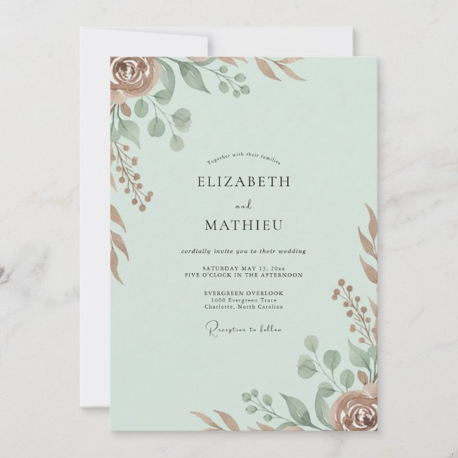 Convites Casamento em Eucalipto Folhagem de Cobre Celadon (Frente)