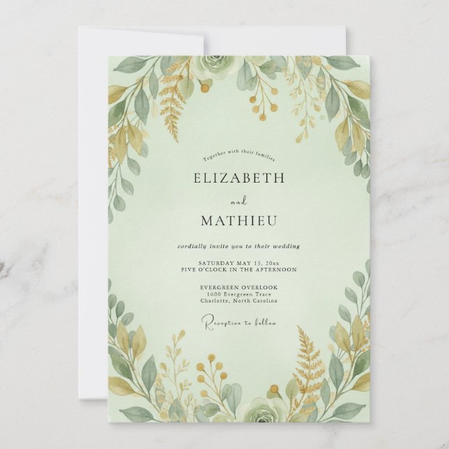 Convites Casamento em Eucalipto Folhagem Ocre Celadon (Frente)