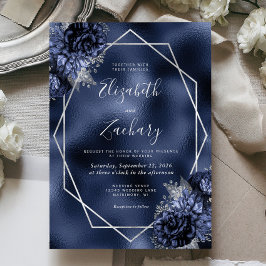 Convites Casamento em Faux Foil com Moldura Prateada e Flor