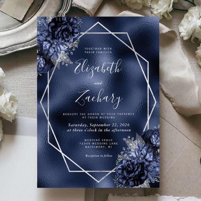 Convites Casamento em Faux Foil com Moldura Prateada e Flor (Criador carregado)