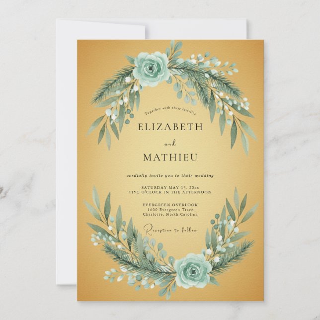 Convites Casamento em Folhagem Aquática Ocre Eucalipto (Frente)