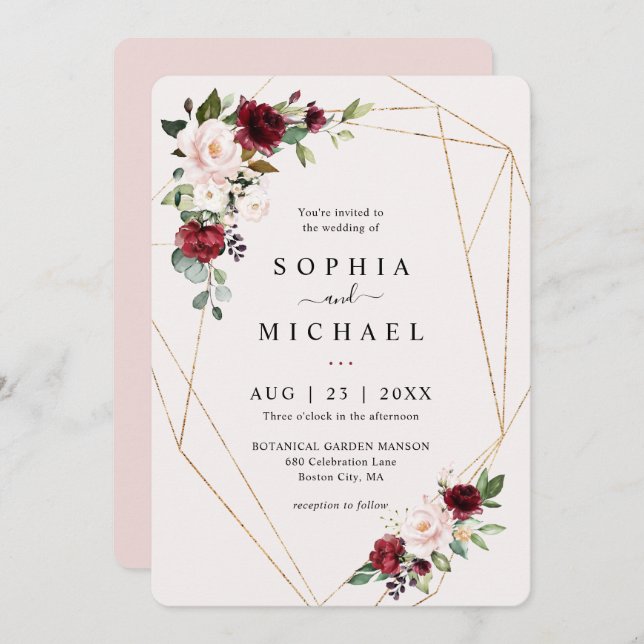 Convites Casamento em forma geométrica Dourada com Blush e  (Frente/Verso)