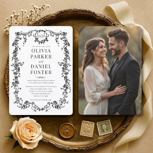 Convites Casamento em Foto Preto e Branco Floral Vitoriano