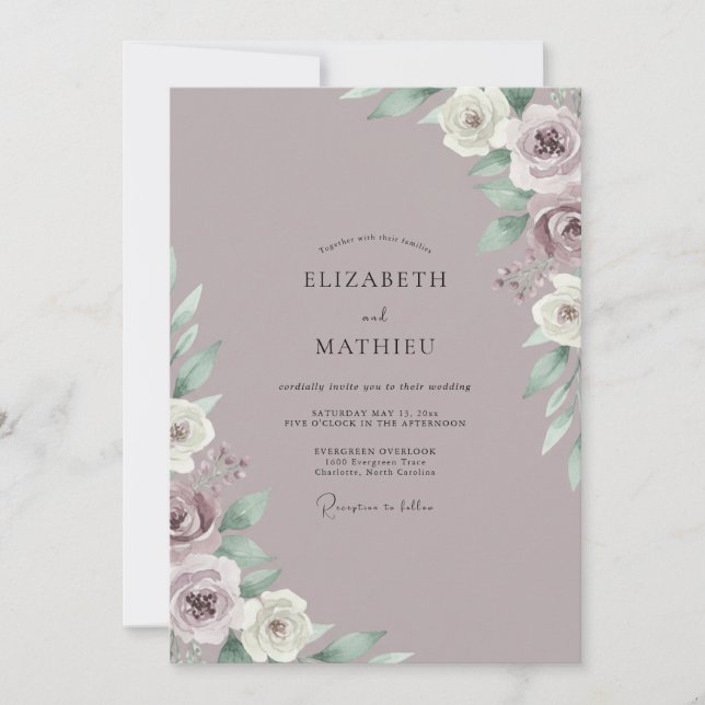 Convites Casamento em Lilás Poeirento com Folhas (Frente)