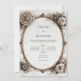 Convites Casamento em Moldura Oval Floral Azul Turquesa Emp