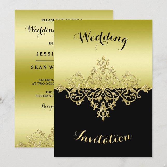 Convites Casamento em Ouro e Preto Elegante e Sofisticado (Frente/Verso)