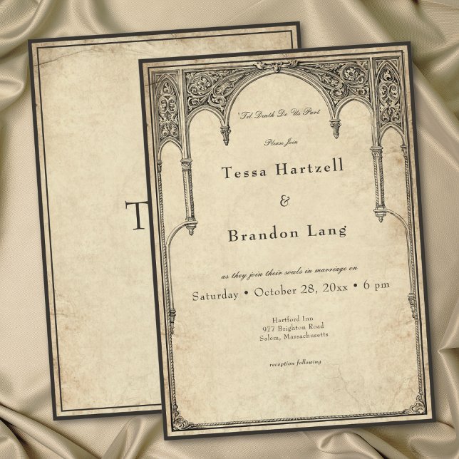 Convites Casamento em Pergaminho de Arquitetura Gótica Medi (Vintage Gothic Medieval Arch Parchment Wedding Invitation)