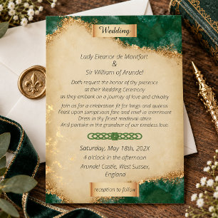 Convites Casamento em Pergaminho Verde Ágata Dourado Mediev