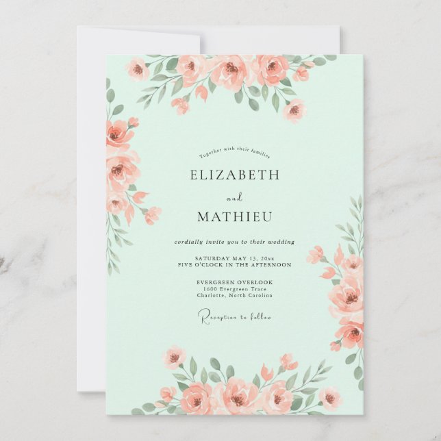 Convites Casamento em Prado Pastel Verde-Menta (Frente)