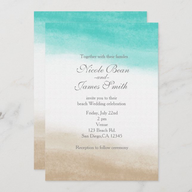 Convites Casamento em Praia Elegante e Teal de Aquarela (Frente/Verso)