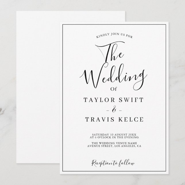 Convites Casamento em Preto e Branco com Caligrafia Elegant (Frente/Verso)