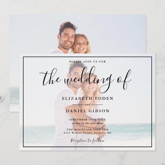 Convites Casamento em Preto e Branco com Letra Elegante (Frente/Verso)