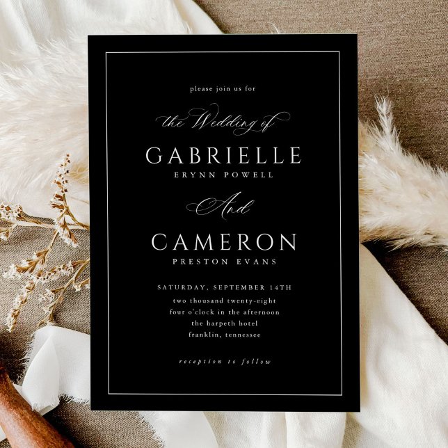 Convites Casamento em Preto e Branco com Letra Elegante (Criador carregado)