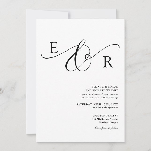 Convites Casamento em Preto e Branco com Monograma de Letra (Frente)