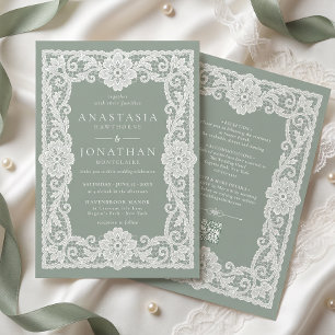 Convites Casamento em renda vintage verde-sage