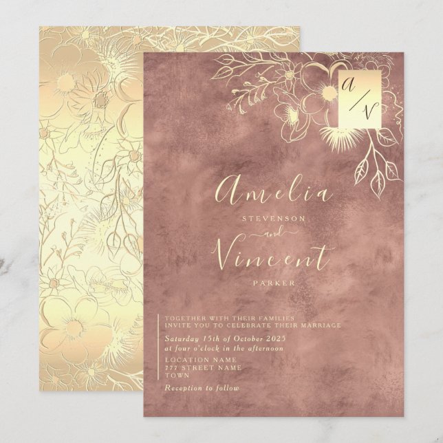 Convites Casamento em Rosa Dourado Elegante (Frente/Verso)