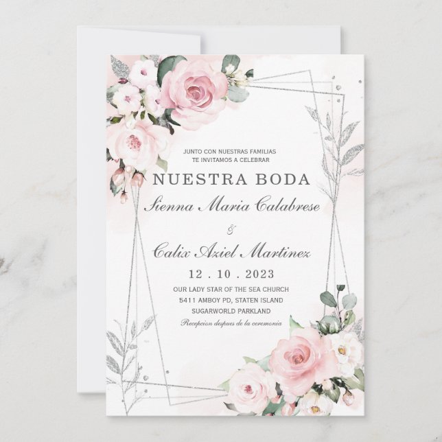 Convites Casamento em Rosa Empolvado e Cinza (Frente)