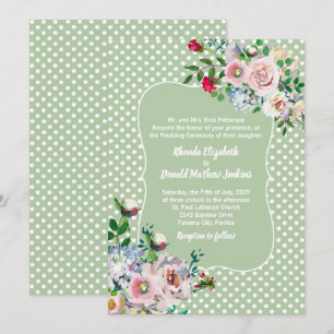 Convites Casamento em Sage Claro com Pontos e Flores Branca