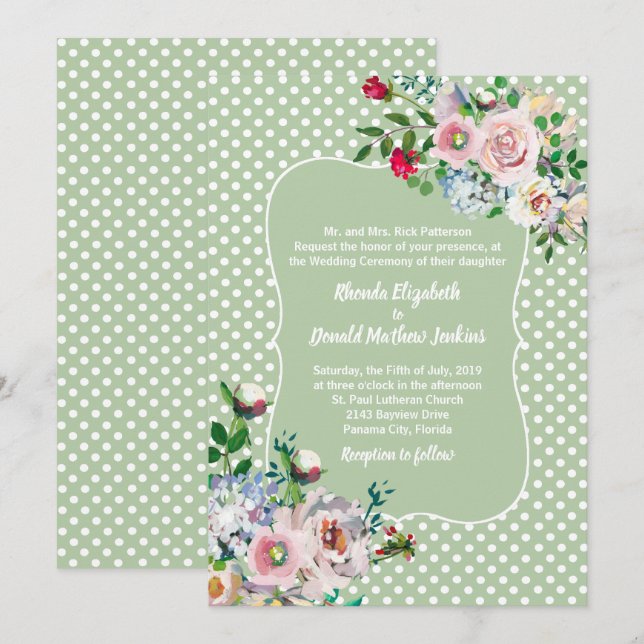 Convites Casamento em Sage Claro com Pontos e Flores Branca (Frente/Verso)