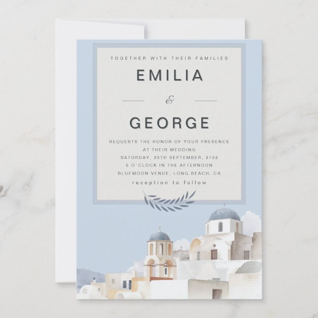 Convites Casamento em Santorini | Azul e Branco  (Frente)