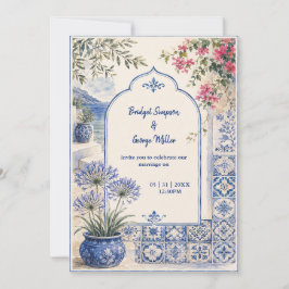 Convites Casamento em Santorini Floral Azul em Aquarela
