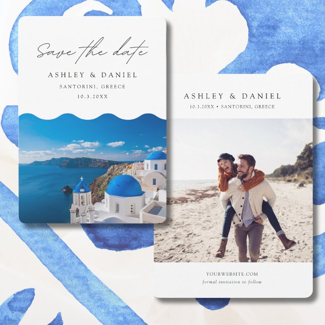 Convites Casamento em Santorini Grécia Salve a Data (Santorini Save the Date with a photo of the ocean and an engagement photo)