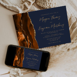 Convites Casamento em Script Azul Marinho Ágata Dourado Lar