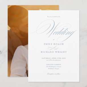 Convites Casamento em Script Elegante Foto Azul Empoeirado