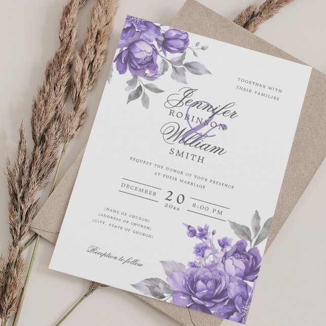 Convites Casamento em Script Elegante Roxo Floral Rústico  (Elegant Script Wedding Purple Rustic Floral Invitation)