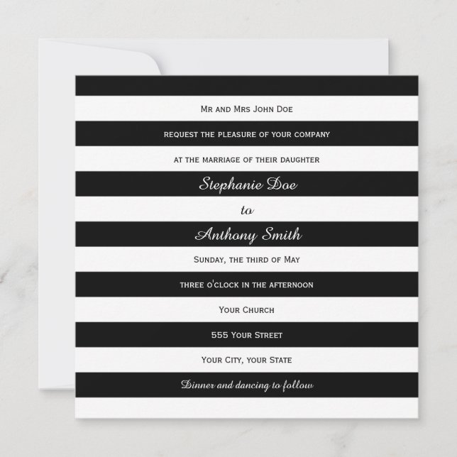 Convites Casamento em Striped Black and White (Frente)