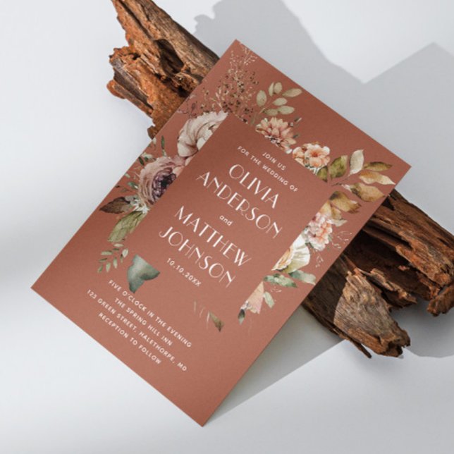 Convites Casamento em Terracota Quente | QR Boho Floral Ele (Criador carregado)