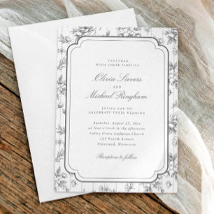 Convites Casamento em Tom Cinza Floral Francês Toile Antigo
