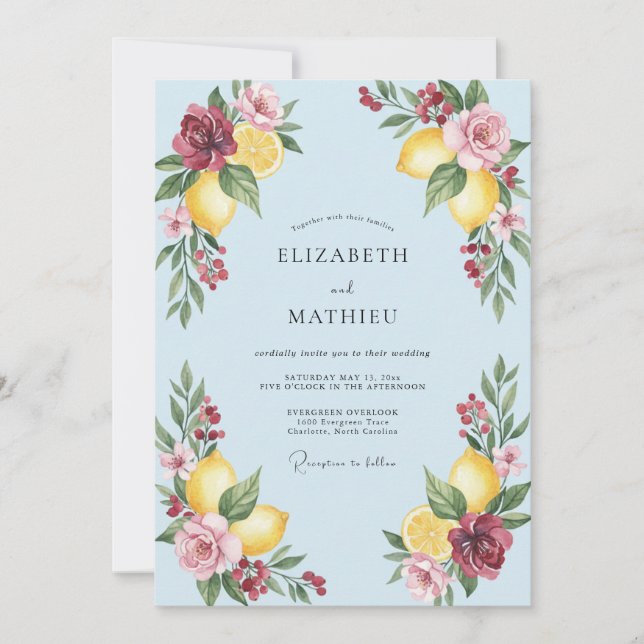 Convites Casamento em Tons de Borgonha, Amarelo, Limão e Eu (Frente)