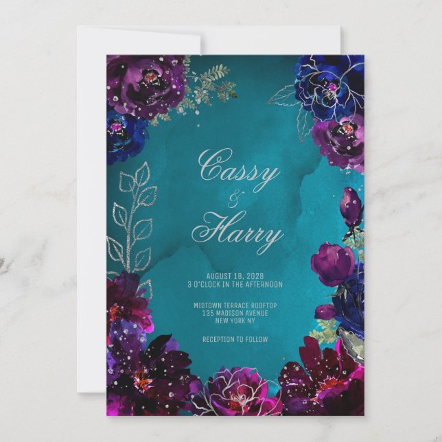 Convites Casamento em Tons de Joia Azul Teal Safira Ametist (Frente)