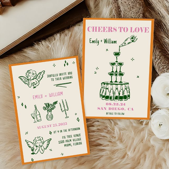 Convites Casamento em Torre de Champanhe ilustrado à mão (Criador carregado)