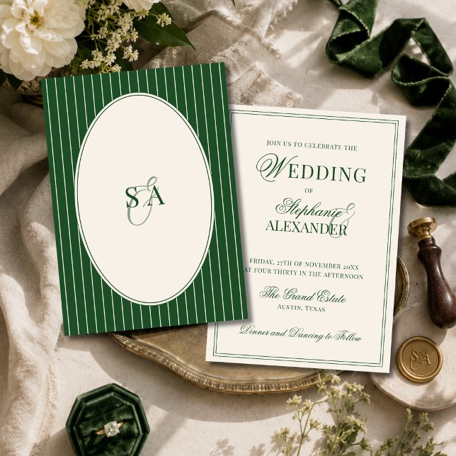 Convites Casamento em Verde Esmeralda Clássico Monograma Ol (Criador carregado)