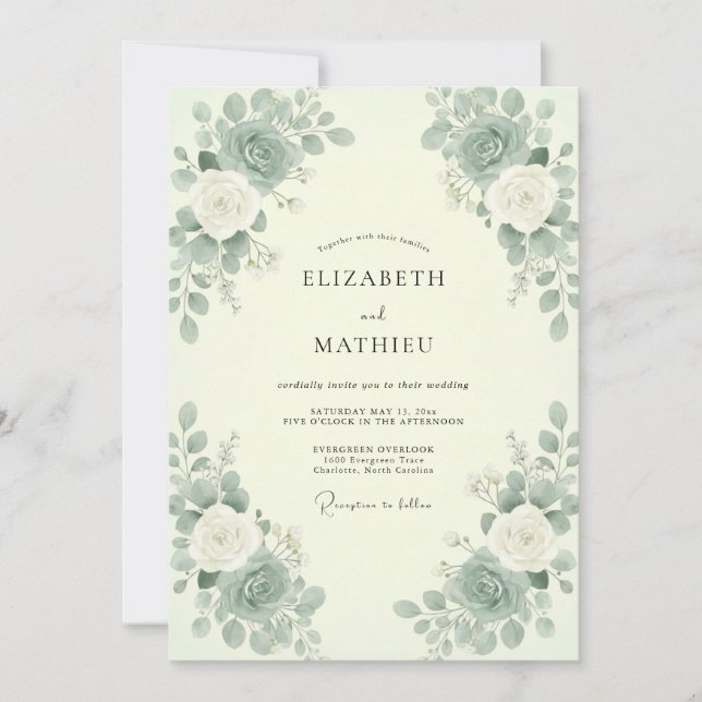 Convites Casamento em Verde Menta Celadon Eucalipto (Frente)