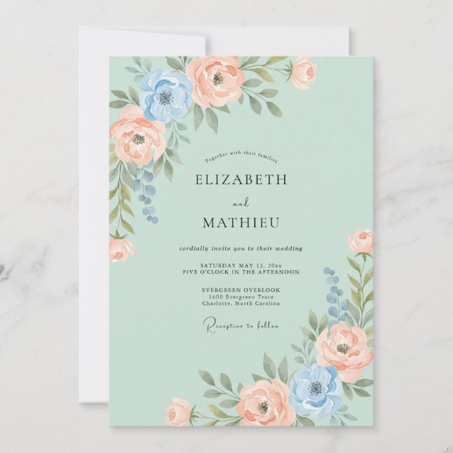 Convites Casamento em Verde Menta com Aquarela Suave (Frente)