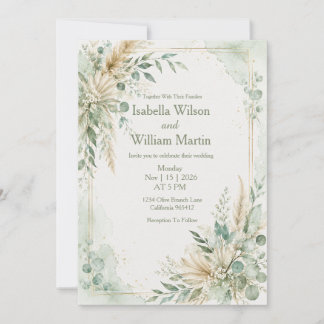 Convites Casamento em Verde-Mint Boho com Aquarela