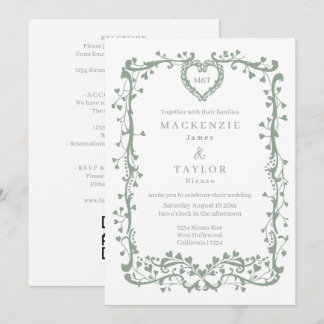 Convites Casamento em Verde Sage Elegante Moldura Francesa 
