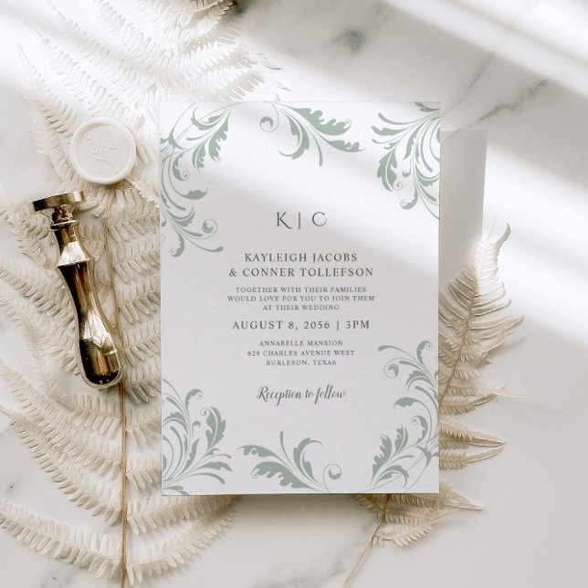Convites Casamento em Verde Salvia Vintage Elegante Redemoi (Criador carregado)