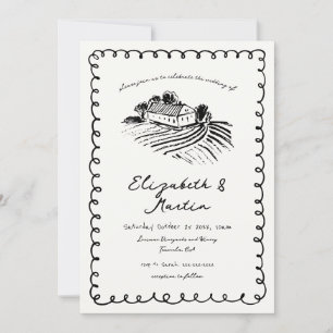 Convites Casamento em Vinícola Preto e Branco Desenhado à M